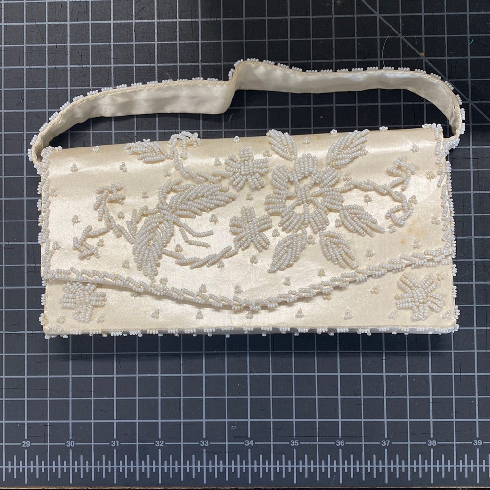 VINTAGE  Ivory Satin Beaded Clutch